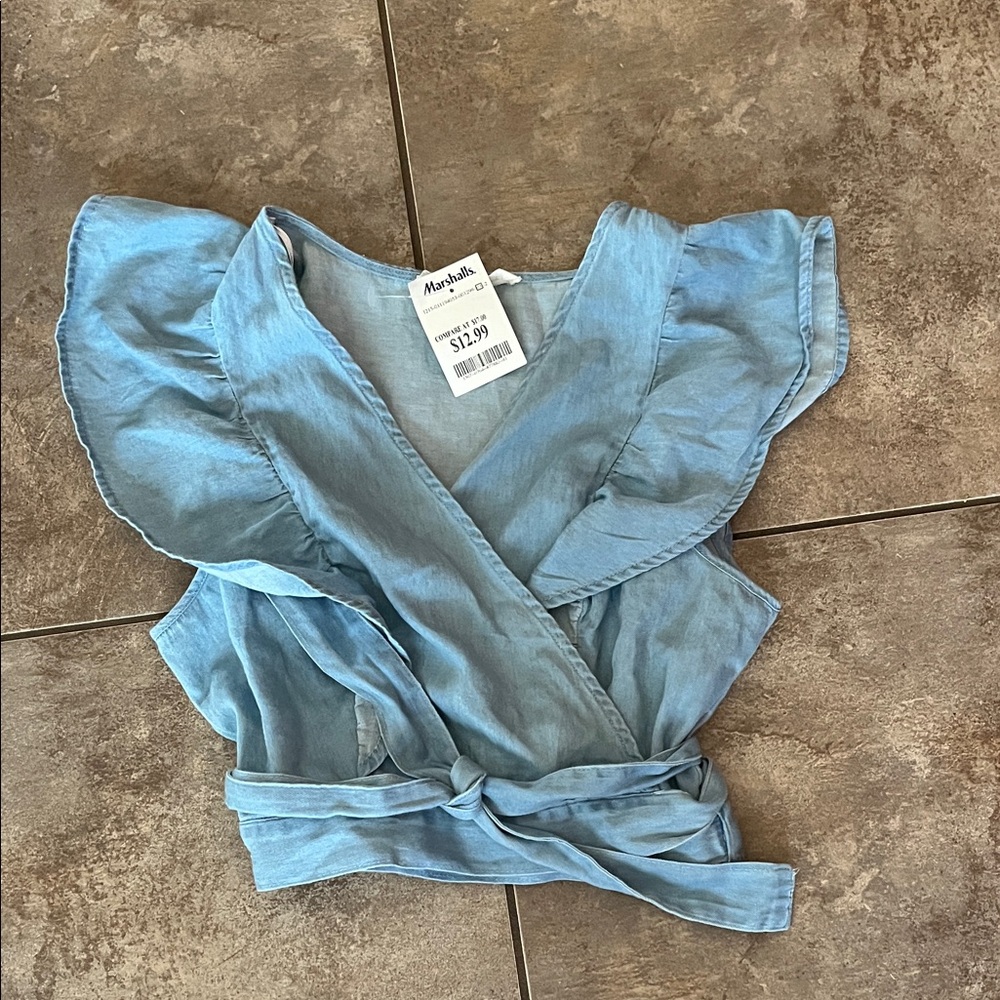 Love Tree Blue Ruffle Wrap Blouse